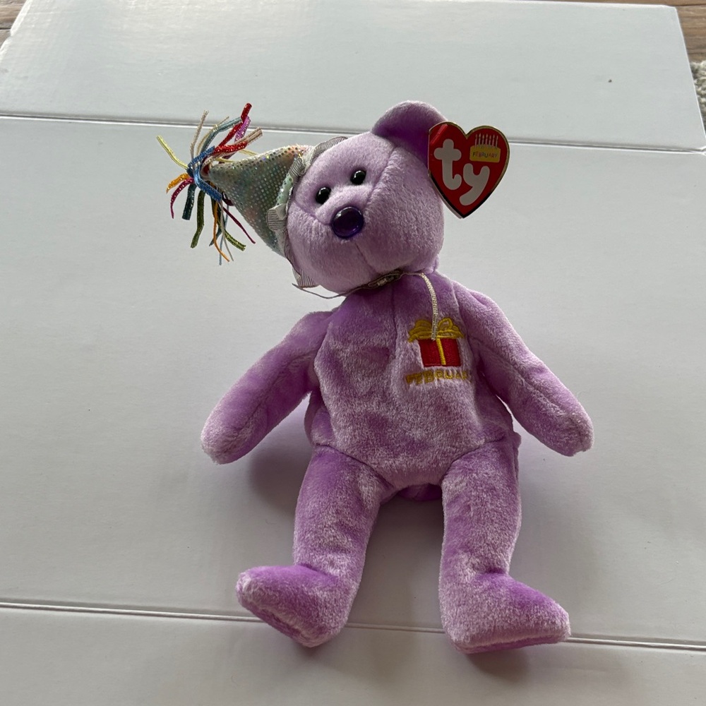 Ty Purple Birthday Bear Plush with Party Hat
